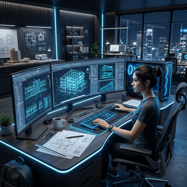 Professional AutoCAD drafter working on a multi-monitor setup